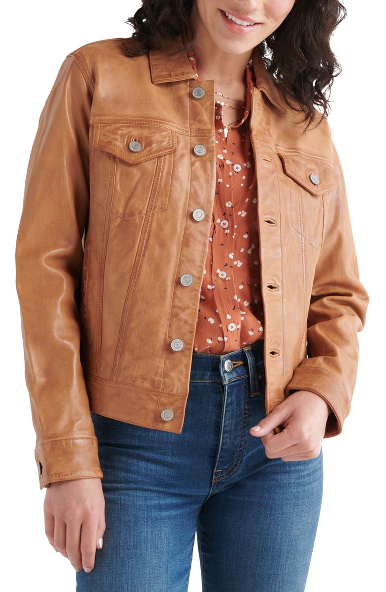 Lucky Brand Leather Trucker Jacket, Main, color, Cognac