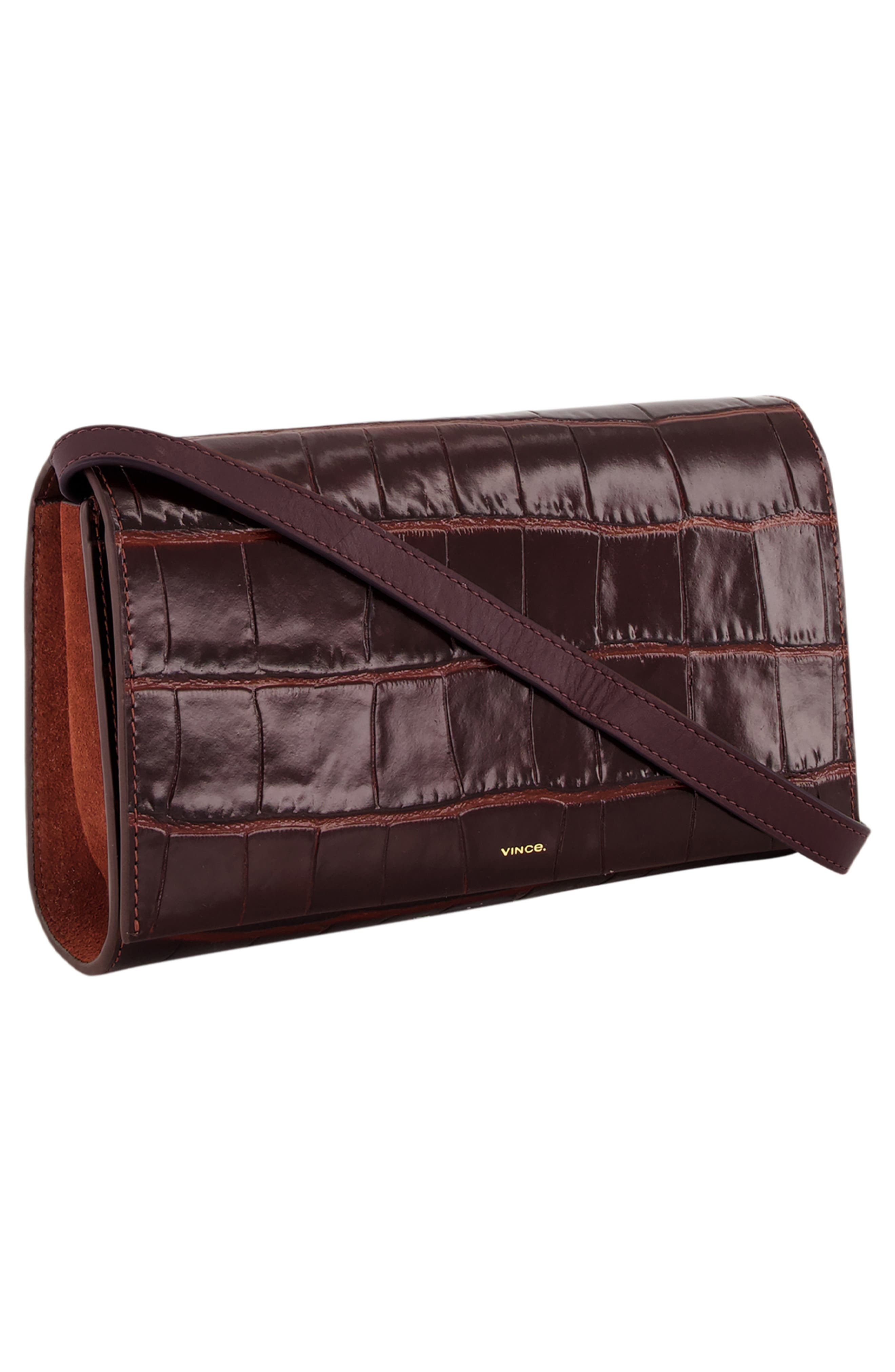 Athene Croc Embossed Leather Wallet on a Strap Crossbody, Alternate, color, BLACK ROSE
