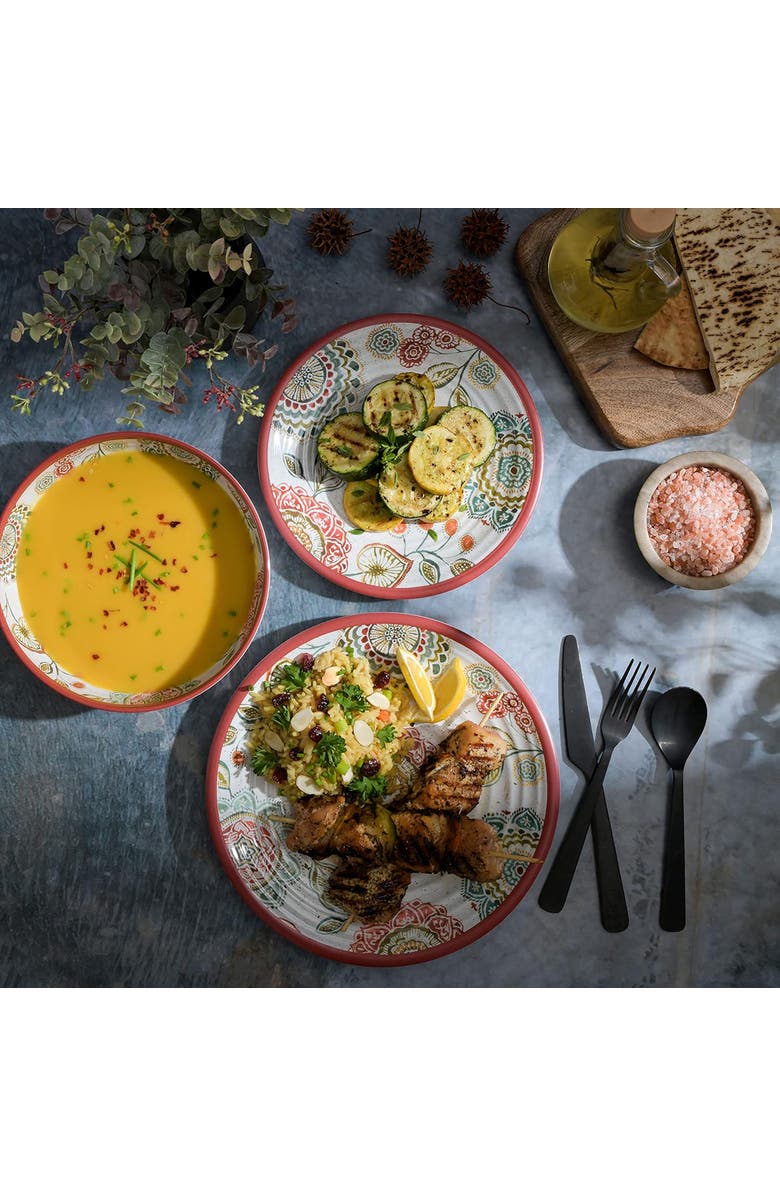 Laurie Gates Brick Floral Ripple 12pc Melamine Dinnerware Set, Alternate, color, Red