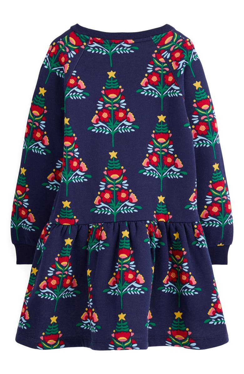 Mini Boden Kids' Holiday Tree Long Sleeve Sweatshirt Dress, Alternate, color, College Navy Christmas Tree