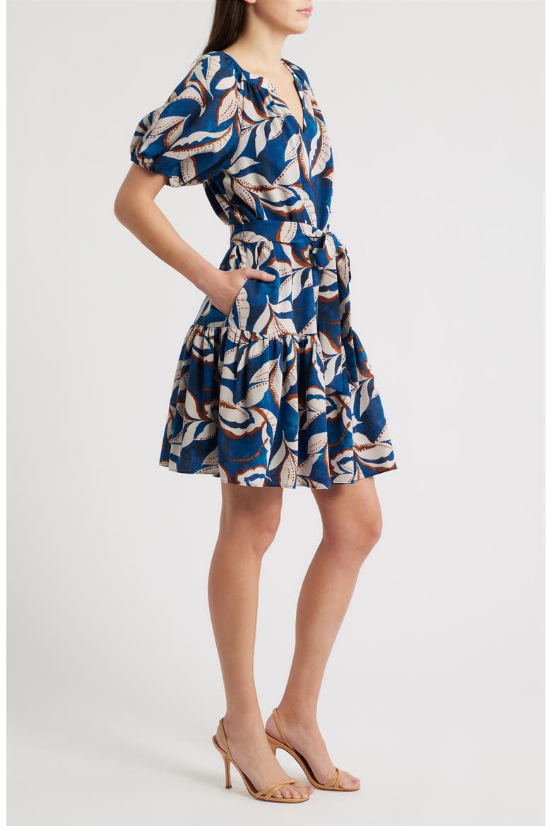 Puff Sleeve Tie Belt Minidress, Alternate, color, BLUE MULTI