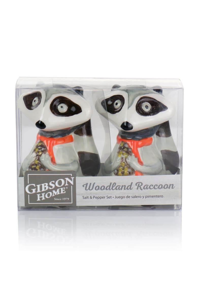 Gibson Home Woodland Raccoon 2 Piece Hard Dolomite Salt and Pepper Set, Alternate, color, Multi