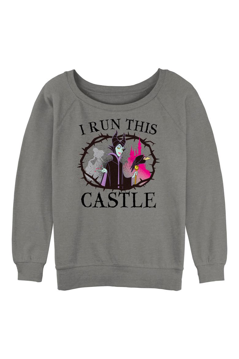 Junior's Sleeping Beauty Sleeping Beauty Maleficent Castle  Sweatshirt, Main, color, Gray Heather