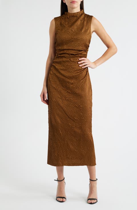 Leaf Jacquard Cowl Neck Sheath Dress