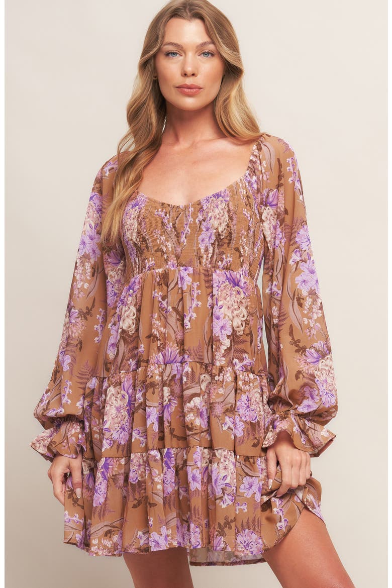 Floral Long Sleeve Babydoll Dress, Alternate, color, CAMEL