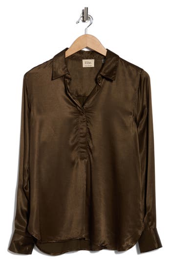 Elie Elie Tahari Long Sleeve Satin Button-up Shirt In Brown