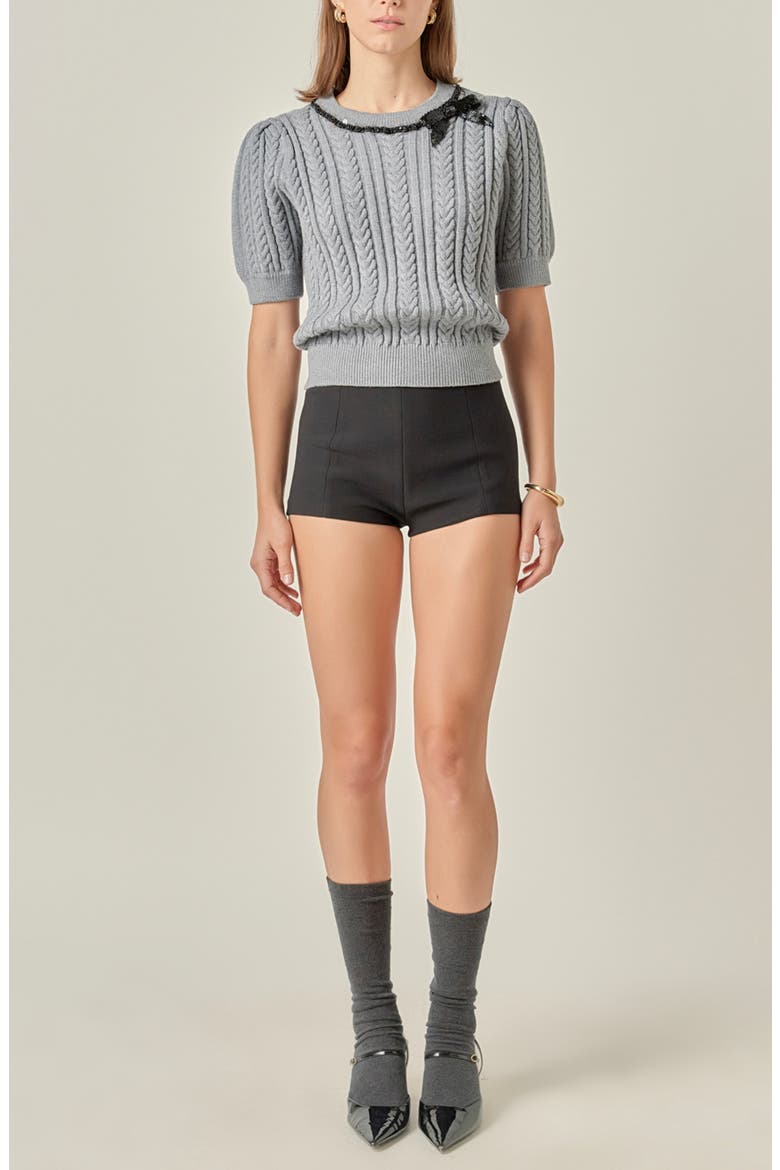 Big Bow Puff Sleeve Sweater, Alternate, color, HEATHER GREY
