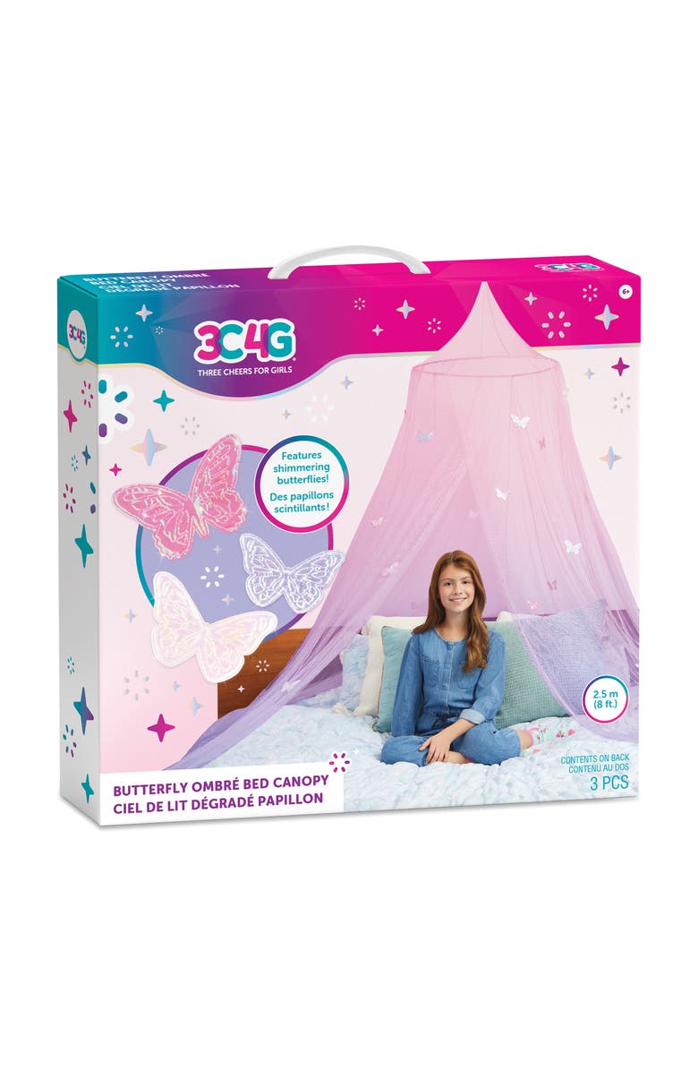 Three Cheers For Girls Butterfly Ombre Bed Canopy with Pink & Purple Shimmering Butterflies Kit, Main, color, Multicolored