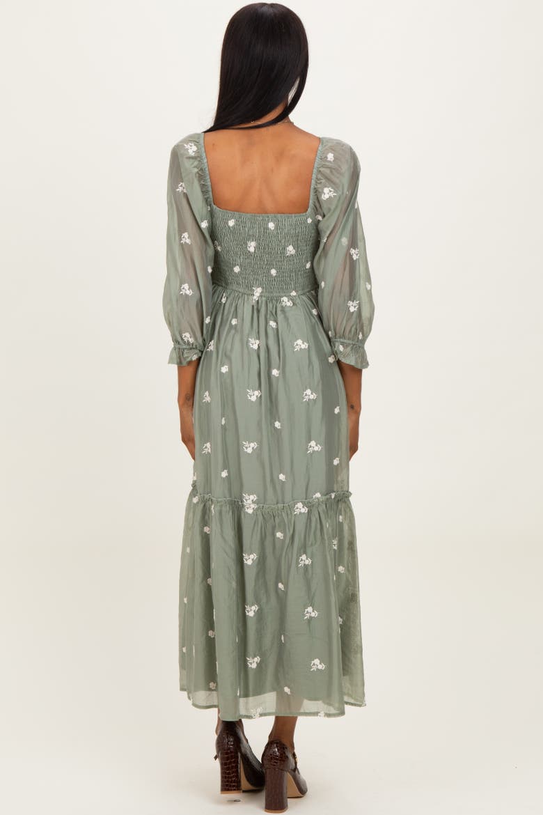 Floral Embroidered Smocked 3/4 Sleeve Midi Dress, Alternate, color, Light Olive