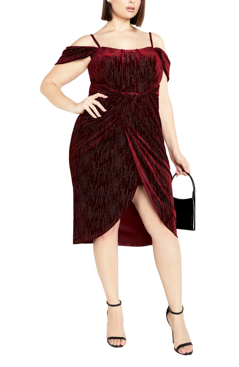 City Chic Jayla Glitter Stripe Cold Shoulder Velour Cocktail Dress, Alternate, color, Berry