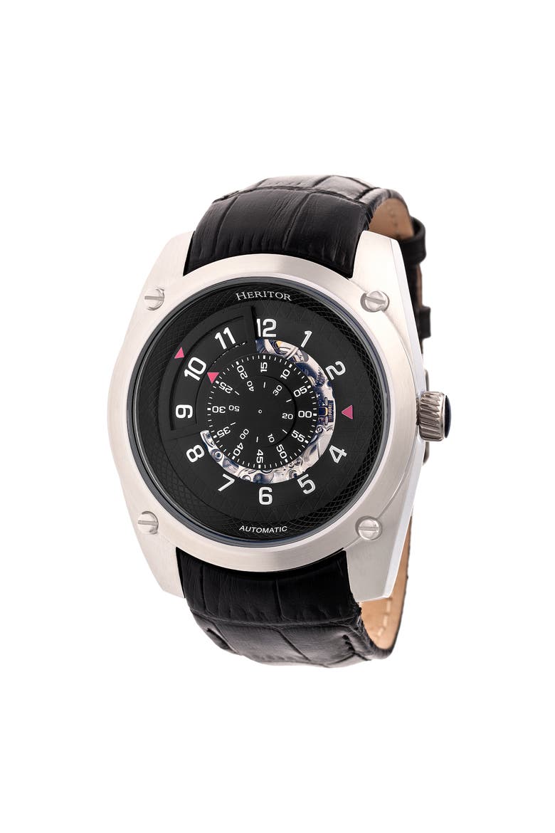 Daniels Semi-Skeleton Leather-Band Watch, Main, color, Silver/Black