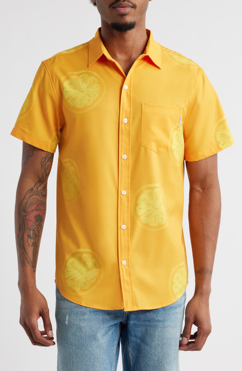 MAVRANS Citrus Print Short Sleeve Performance Button-Up Shirt, Main, color, Orange