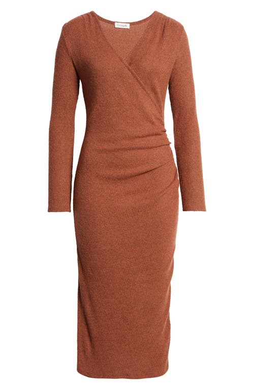 Loveappella Long Sleeve Faux Wrap Midi Dress In Brown