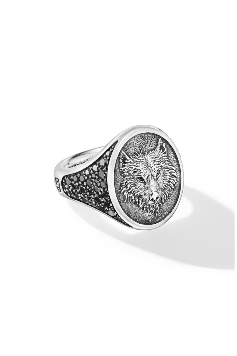 Men's Petrvs® Diamond Wolf Signet Ring, Main, color, STERLING SILVER/ BLACK DIAMOND