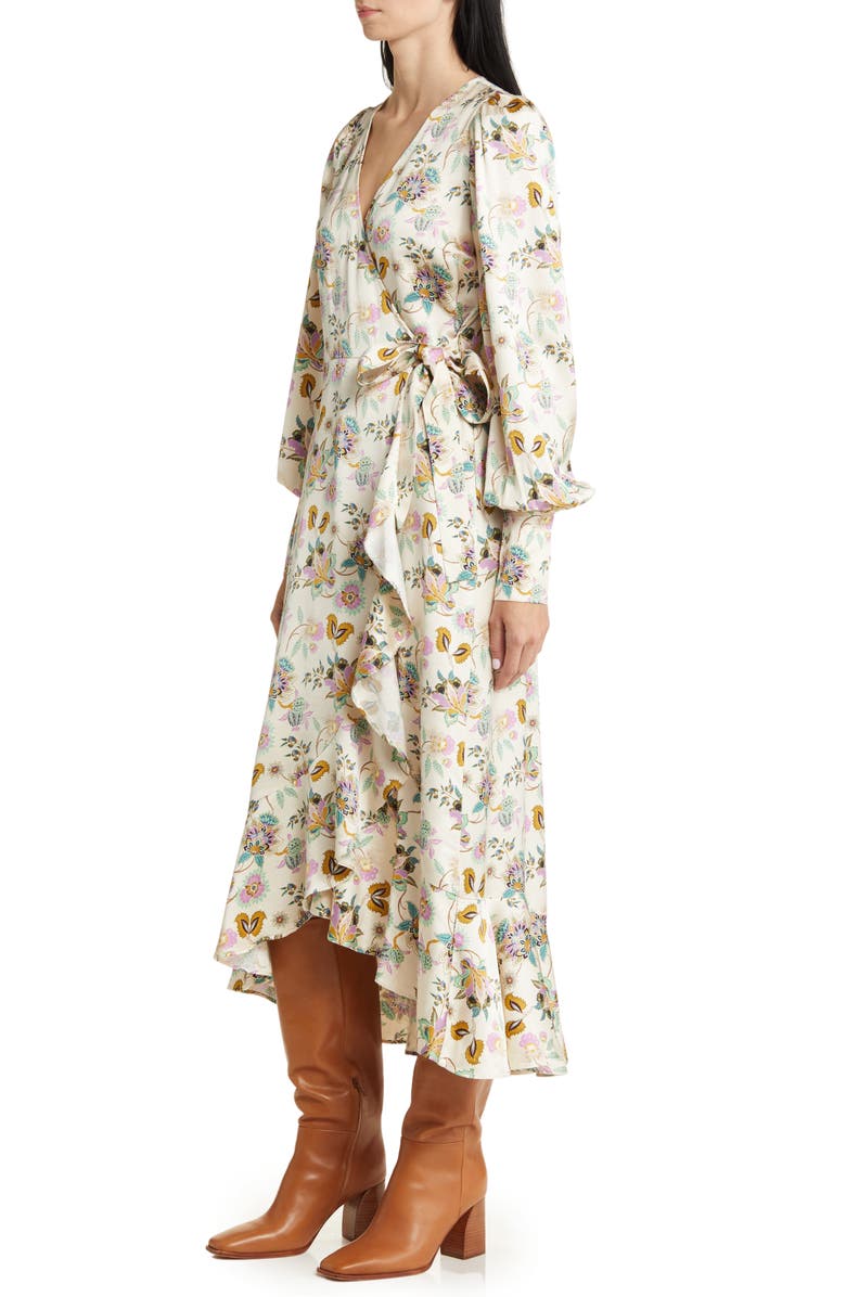 & Other Stories Paisley Ruffle Long Sleeve Satin Wrap Dress, Alternate, color, Beige