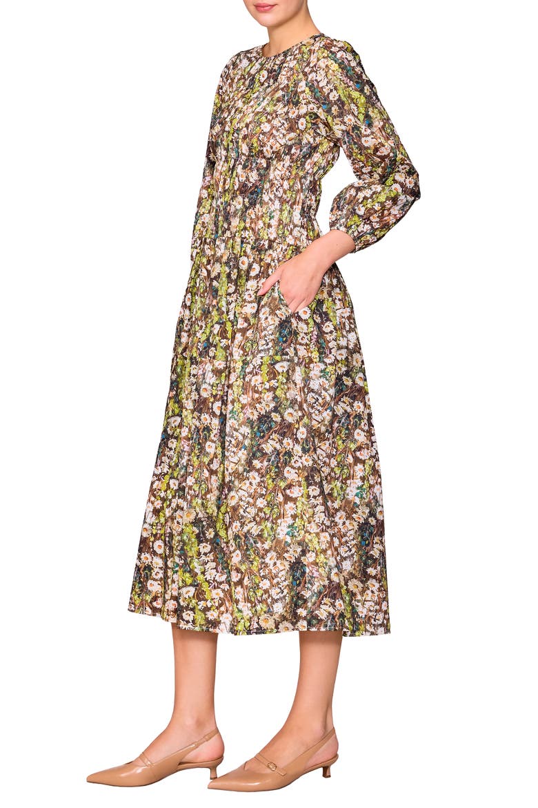 Floral Print Shirred Long Sleeve Midi Dress, Alternate, color, GREEN MULTI
