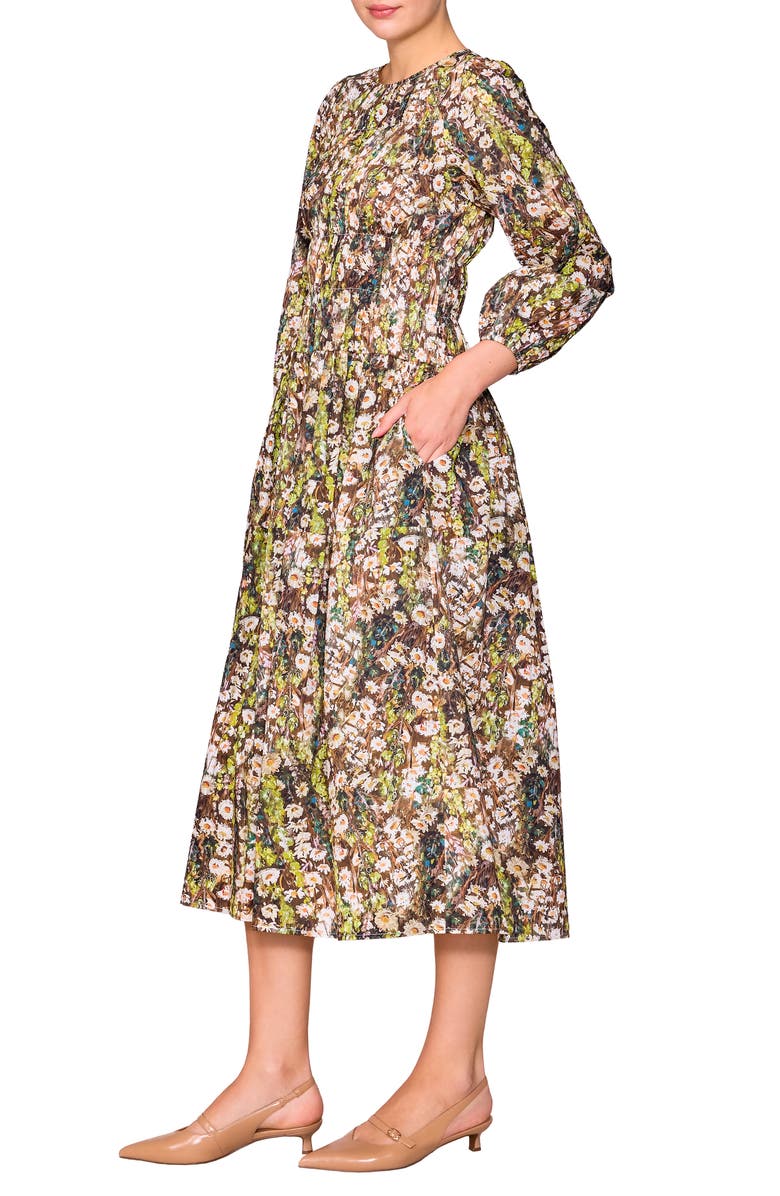 MELLODAY Floral Print Shirred Long Sleeve Midi Dress, Alternate, color, Green Multi