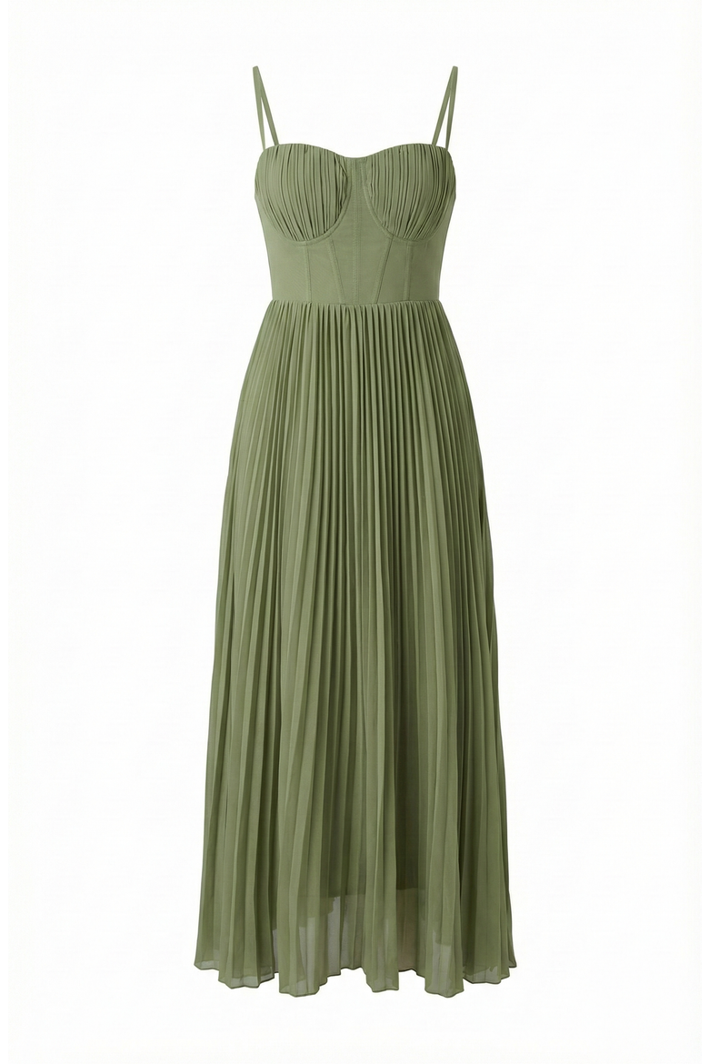 Pleated Bustier Bodice Midi Dress, Alternate, color, Sage Green