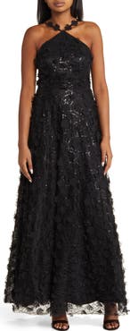 Eliza J Floating Flow Floral Sequin Halter Ballgown