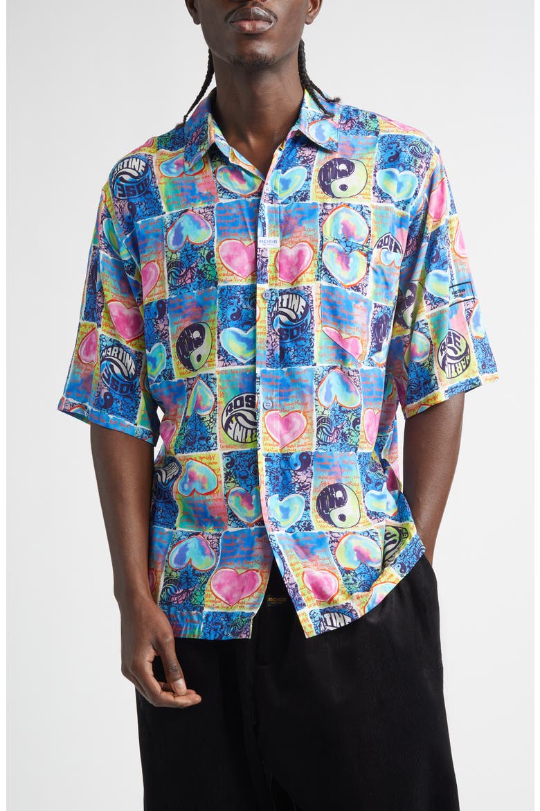 Blue Hearts Boxy Button-Up Shirt, Main, color, BLUE