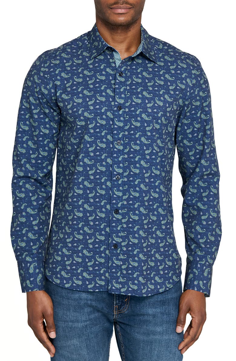 CONSTRUCT Paisley Woven Long Sleeve Basic, Main, color, Navy/Green