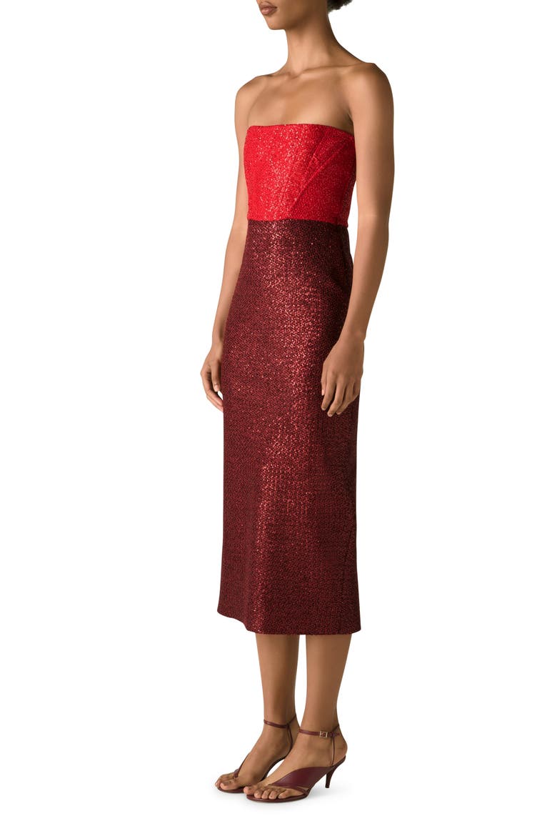 Strapless Colorblock Sequin Midi Dress, Alternate, color, RED/ BURGUNDY