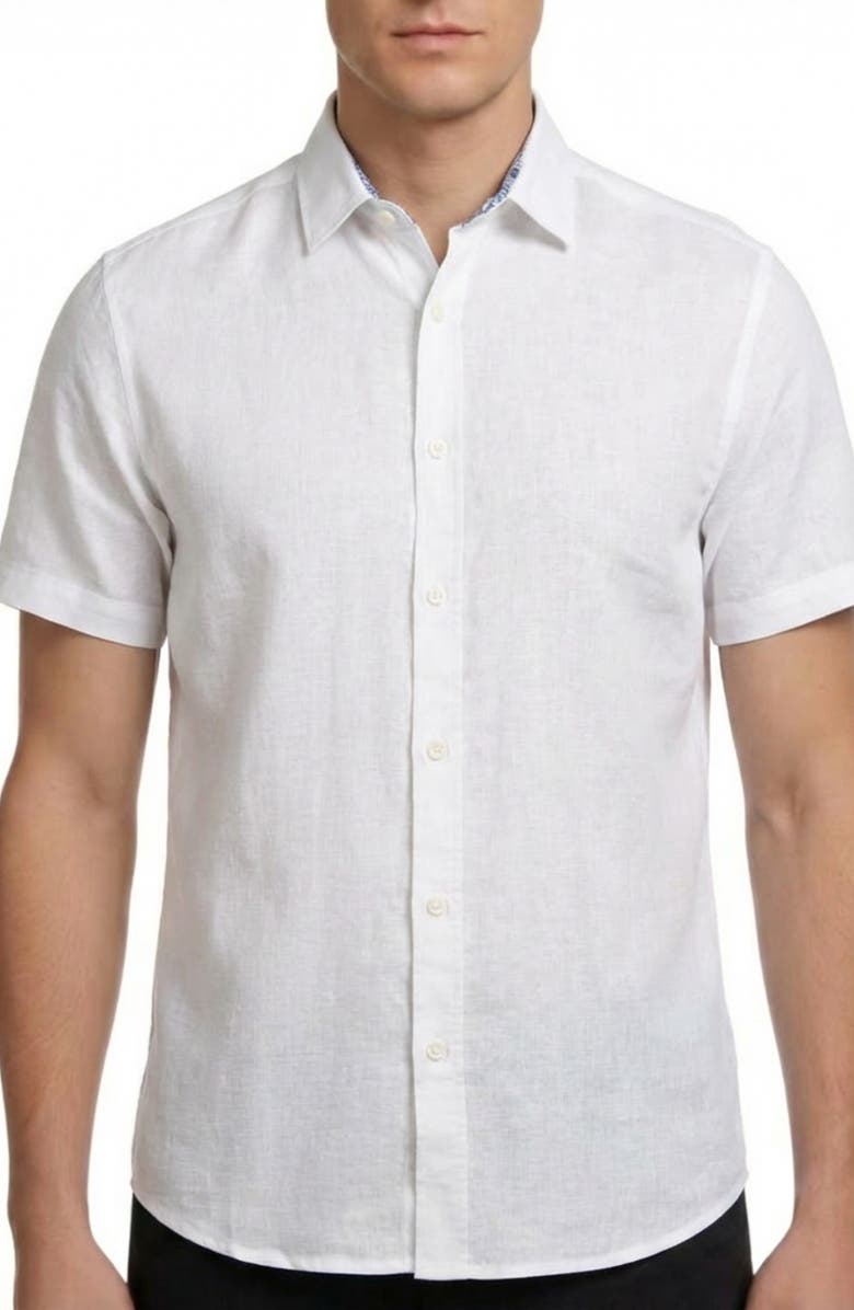 Report Collection Short Sleeve Linen & Cotton Blend Button-Up Shirt, Main, color, White