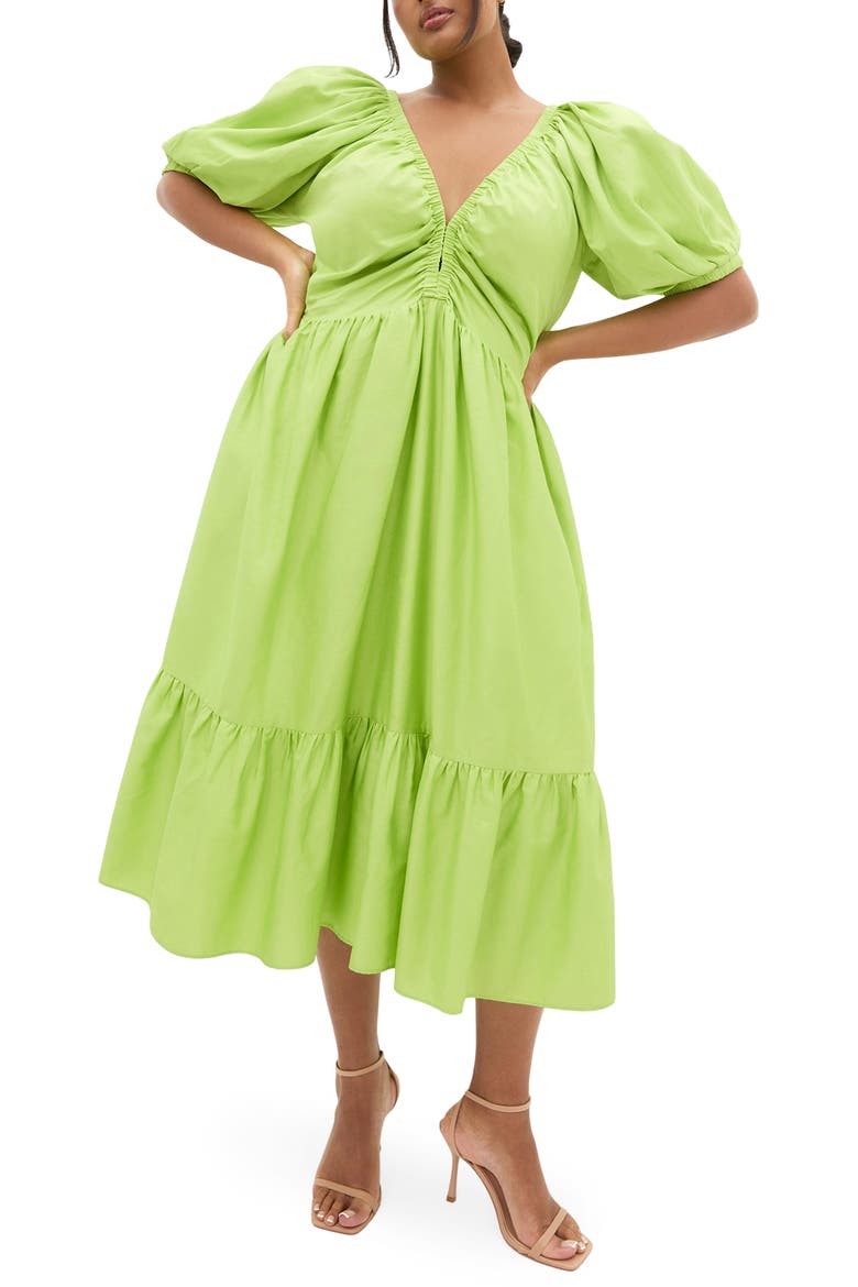 Grace Puff Sleeve Midi Dress, Main, color, PISTACHIO