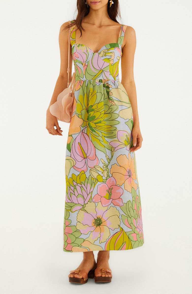 FARM Rio Spring Affair Floral Print Linen Maxi Dress, Main, color, Green Multi