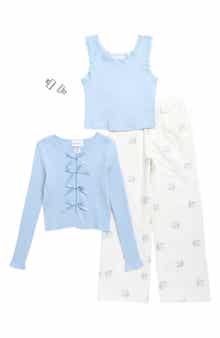 Tween Diva Kids' Bow Rib Cardigan, Lace Trim Tank Top & Wide Leg Jeans Set