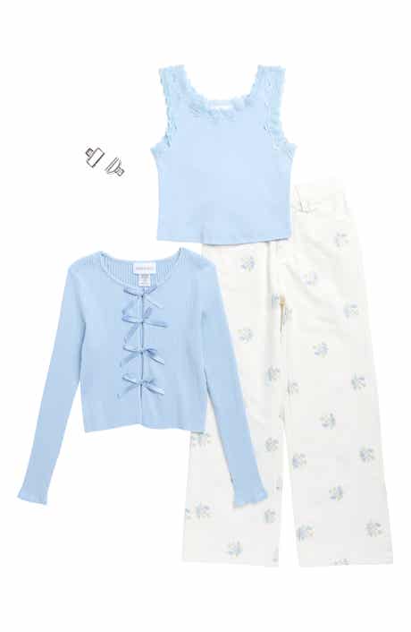 Tween Diva Kids' Bow Rib Cardigan, Lace Trim Tank Top & Wide Leg Jeans Set