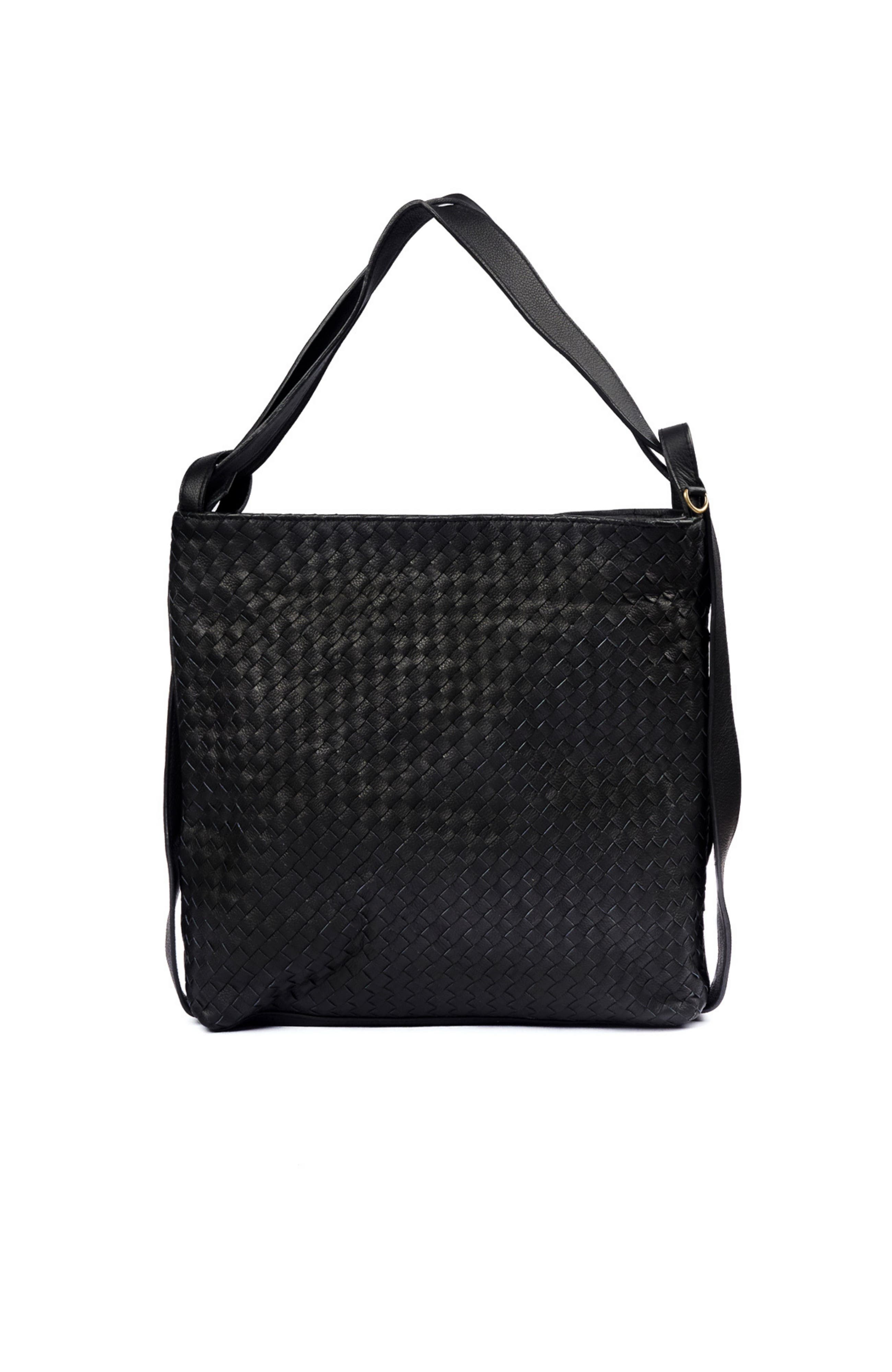 Mandrn Woven Convertible Leather Tote to Backpack, Main, color, Black