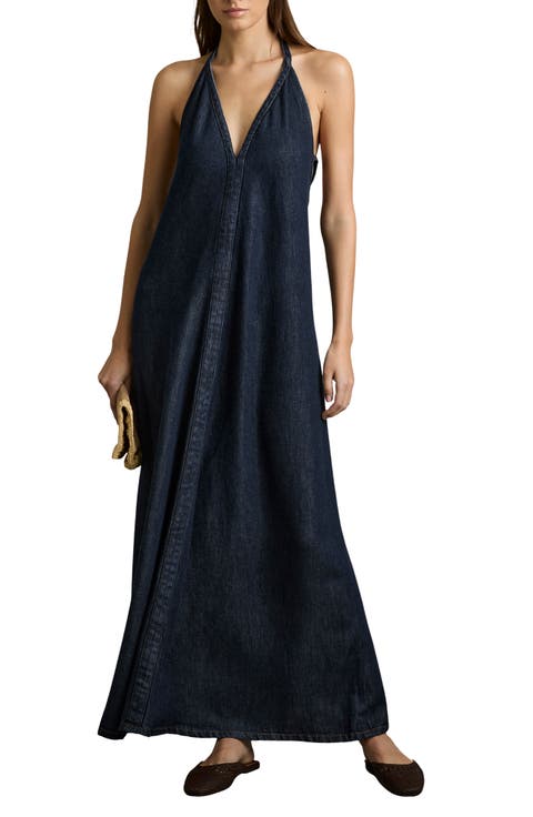 Rachel Halter Denim Maxi Dress