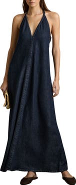 Reiss Rachel Halter Denim Maxi Dress