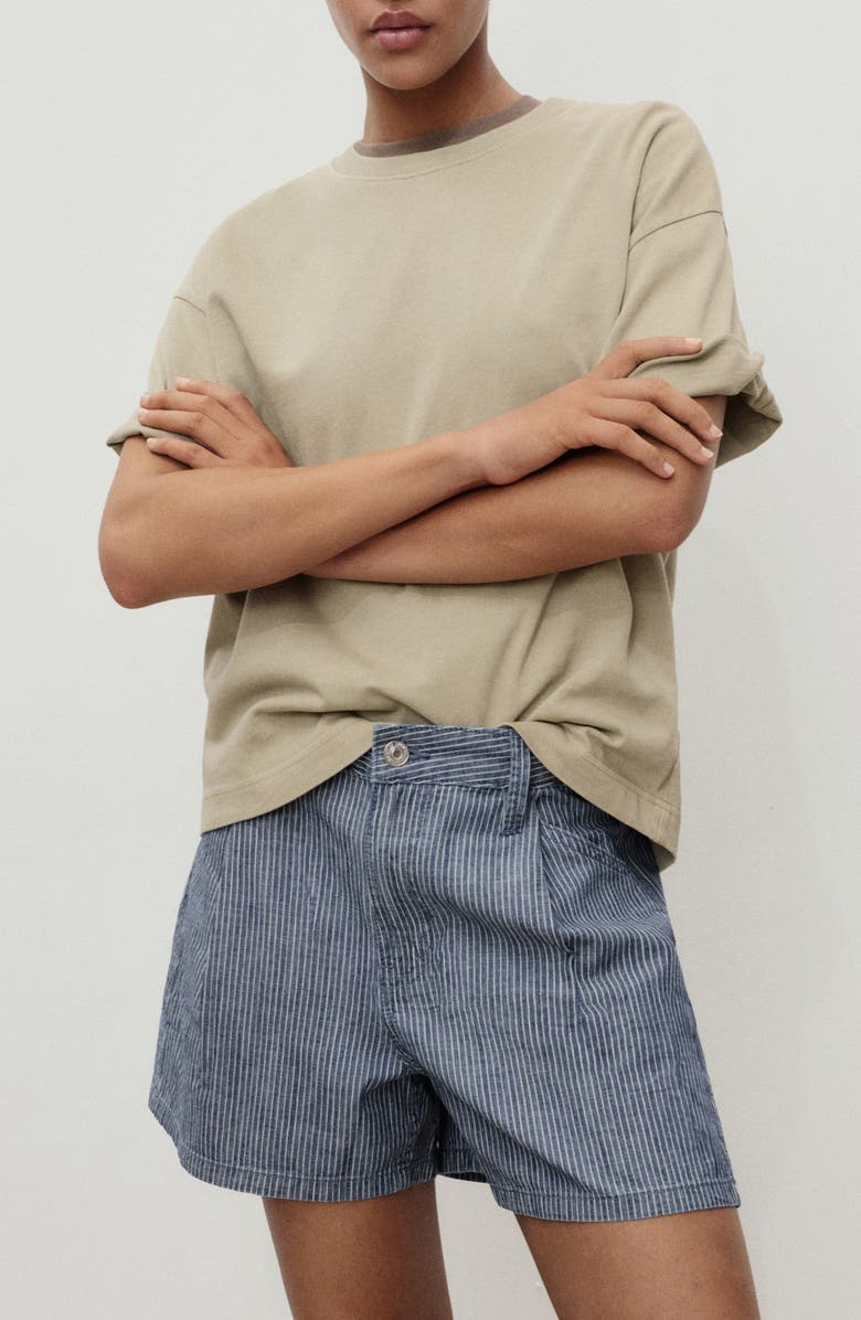 MANGO Stripe Pleated Denim Shorts, Main, color, Blue