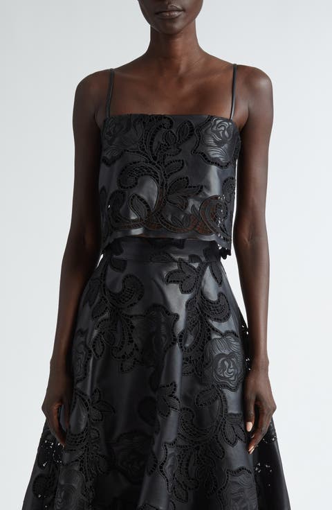 Seduccion Lunar Embroidered Eyelet Faux Leather Crop Camisole