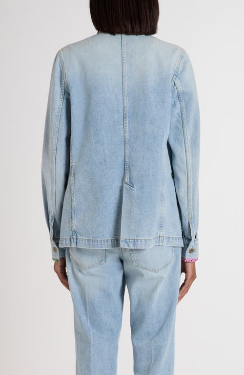 Valentino Embellished Printed Chiffon-trimmed Denim Jacket In Blue