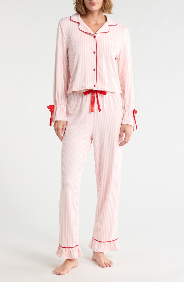 French Connection Striped Ruffle Pajama Set, Main, color, Almond Blossom