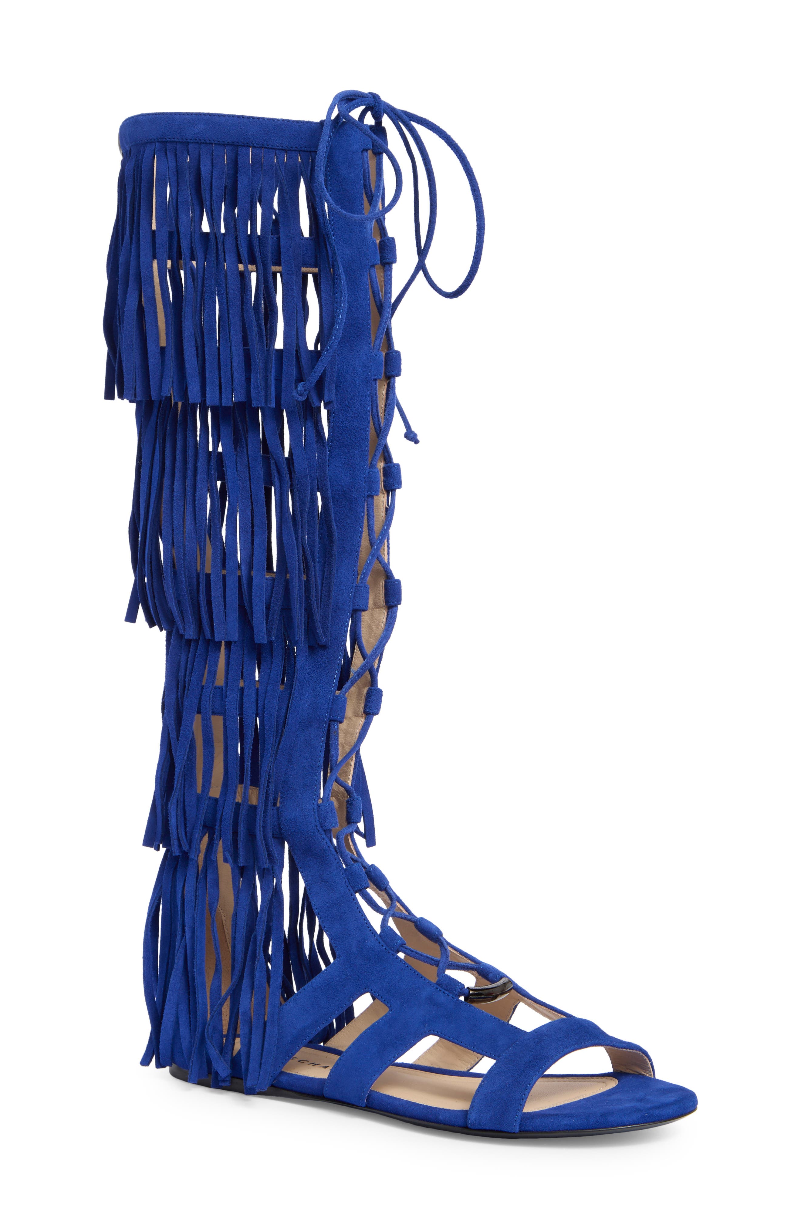 Longchamp Ghillie Lace-Up Fringe Sandal, Main, color, 