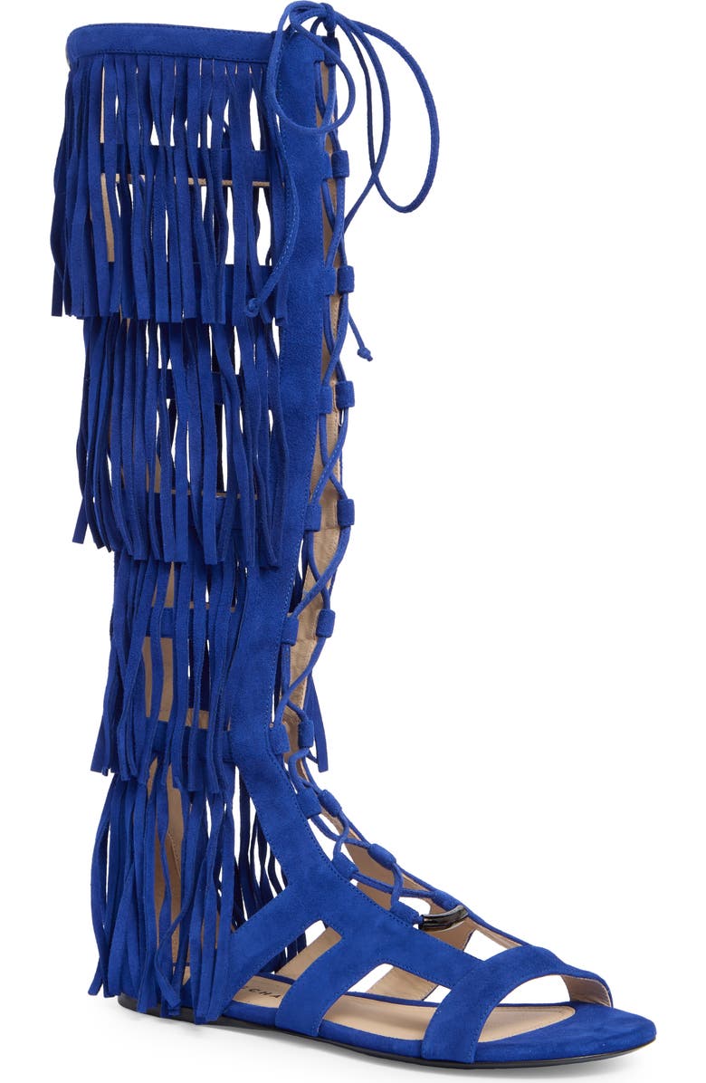 Longchamp Ghillie Lace-Up Fringe Sandal, Main, color,