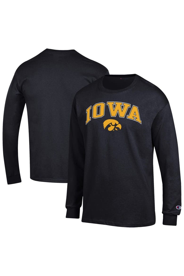 Men's Champion  Black Iowa Hawkeyes Arch Over Logo Long Sleeve T-Shirt, Alternate, color, Black
