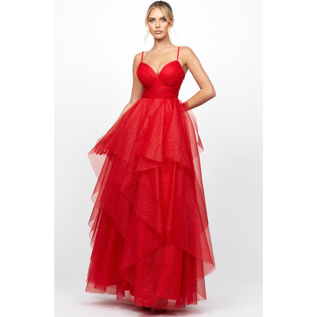 Bariano Solenne Tiered Ball Gown In Red