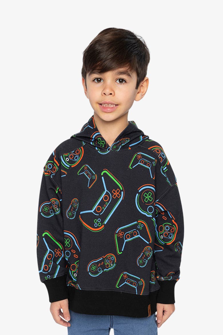 Controller Fleece Attached Hooded Sweatshirt, Alternate, color, Black Printed Controller