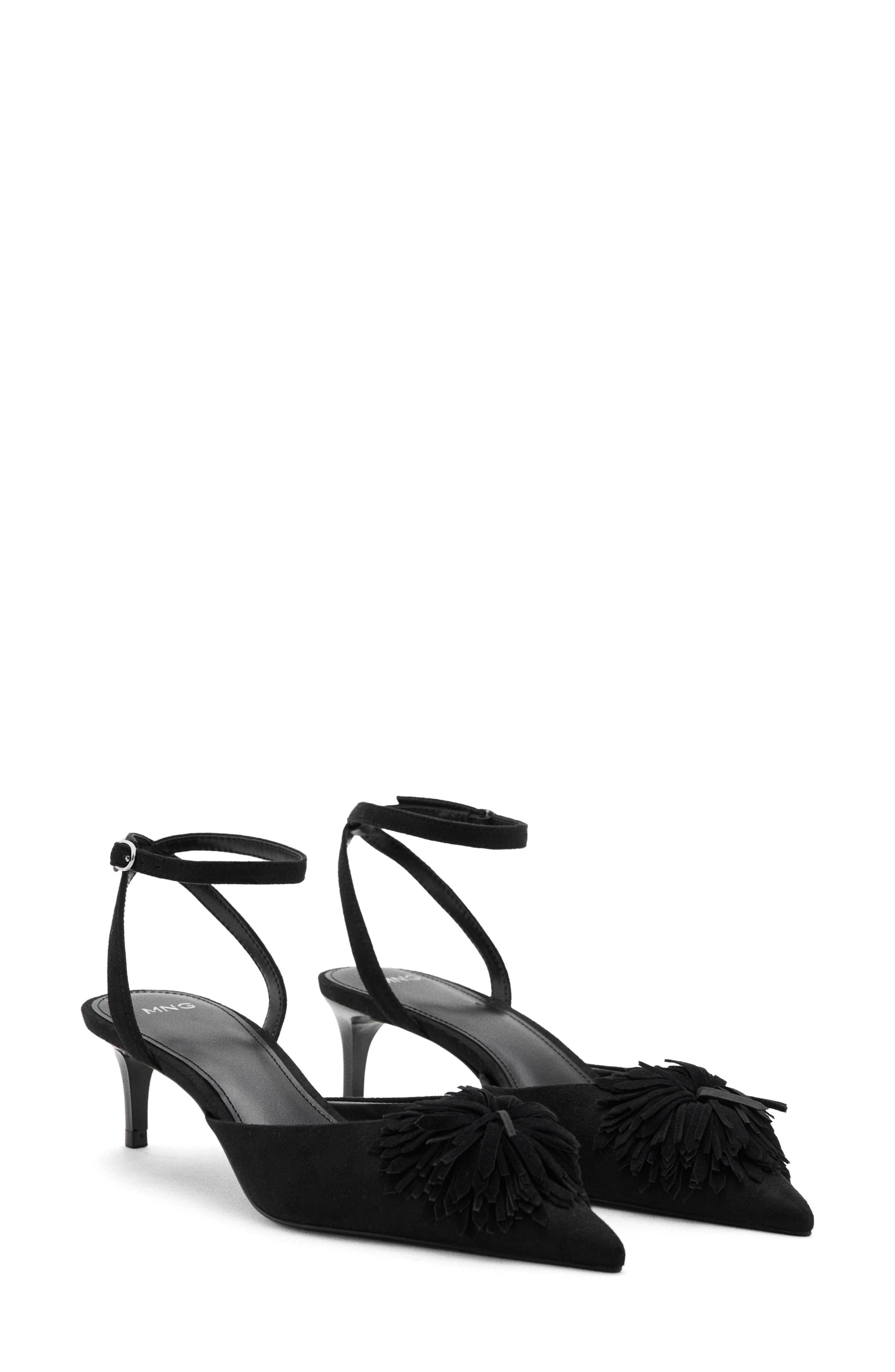 MANGO Pompom Ankle Strap Kitten Heel Pump, Main, color, Black