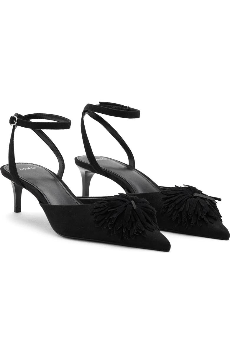 MANGO Pompom Ankle Strap Kitten Heel Pump, Main, color, Black
