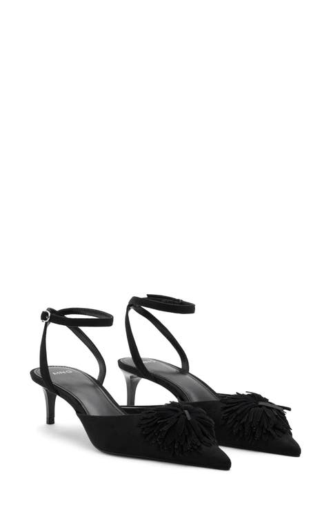 Pompom Ankle Strap Kitten Heel Pump (Women)