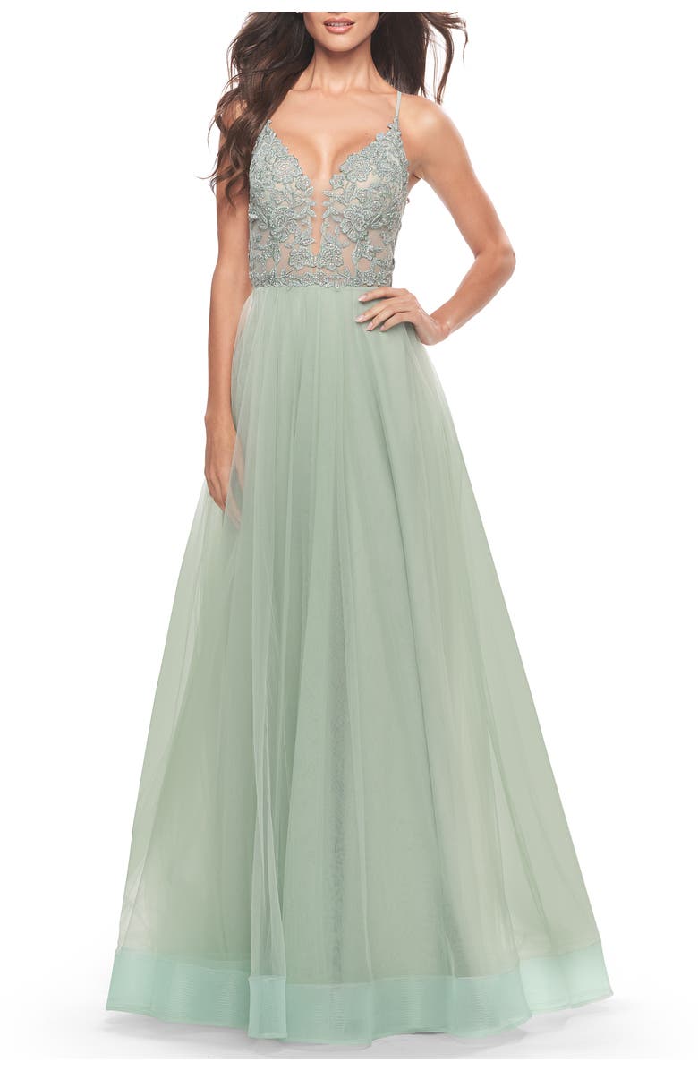 La Femme Tulle Gown with Sheer Lace Bodice, Main, color, Sage