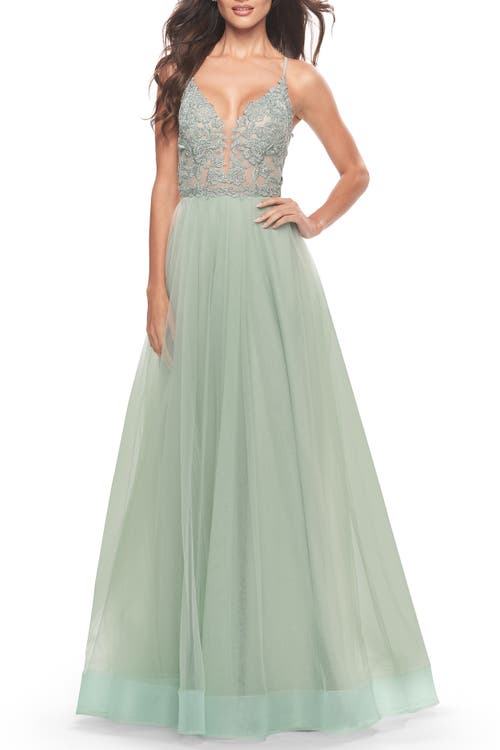 La Femme Tulle Gown with Sheer Lace Bodice in Sage at Nordstrom, Size 00