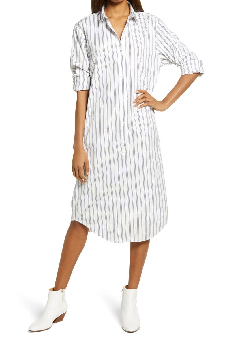 Stripe Long Sleeve Poplin Midi Shirtdress, Main, color, IVORY- BLUE LAUREL STRIPE