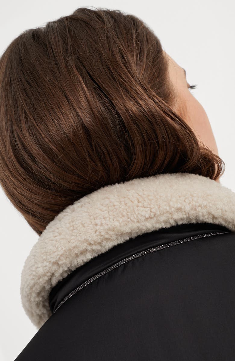 Brunello Cucinelli Water-resistant techno satin down jacket with shearling inserts and monili, Alternate, color,
